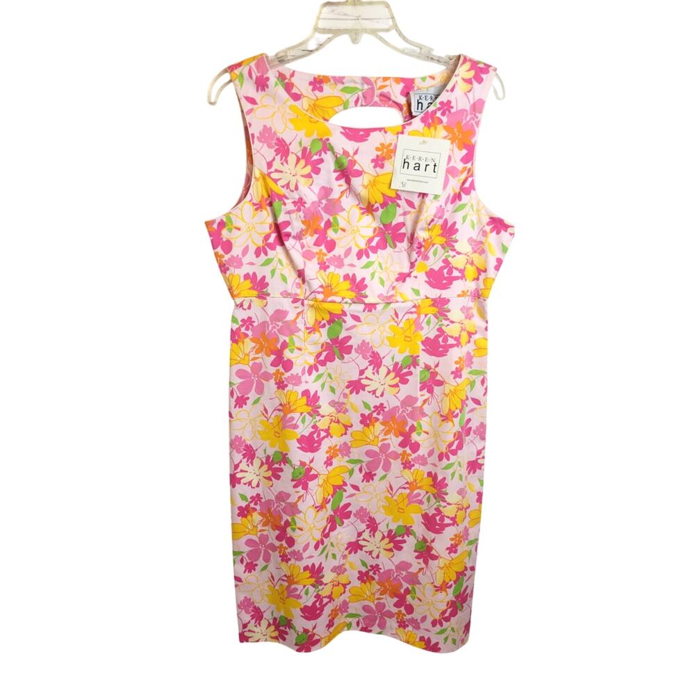 NWT VTG Keyhole Sleeveless‎ Dress Women's Size 12 Keren Hart Pink Yellow Floral